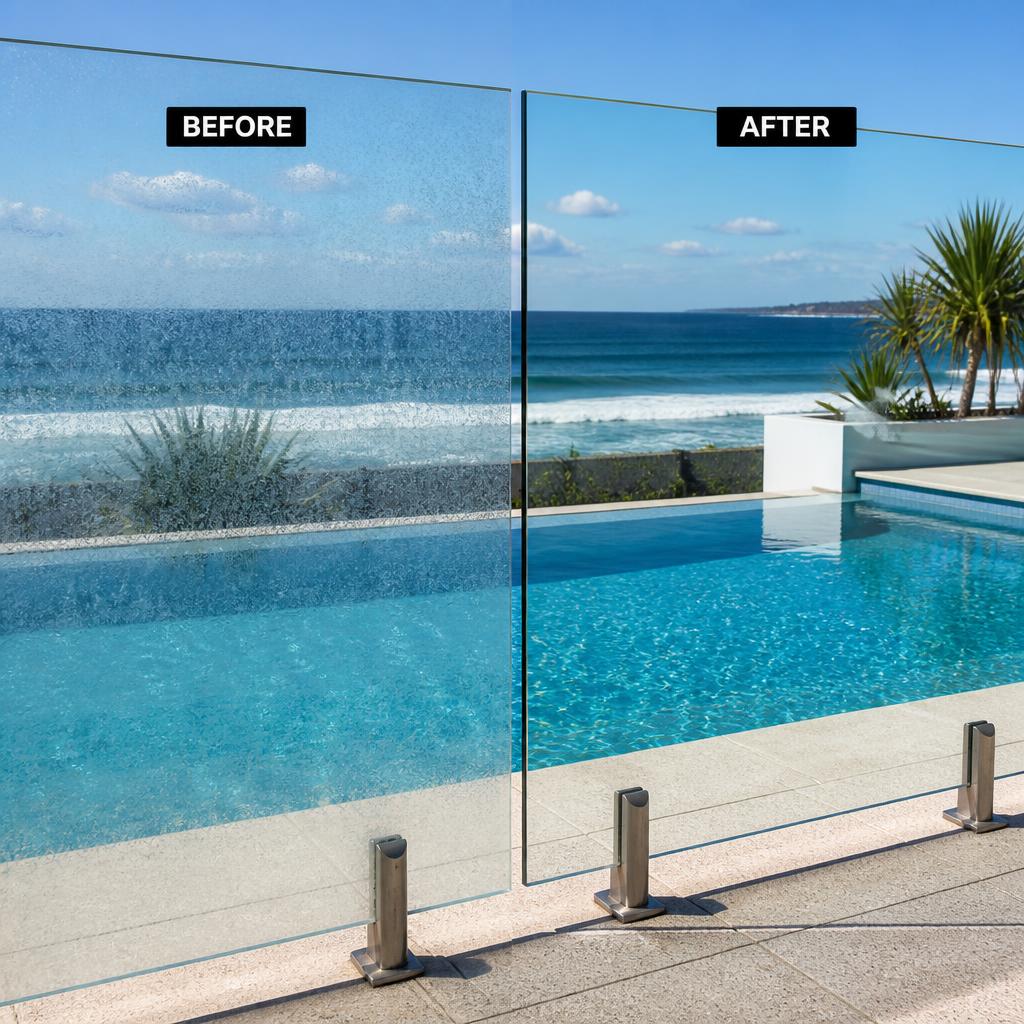 Pool Fence glass restoration before and after
